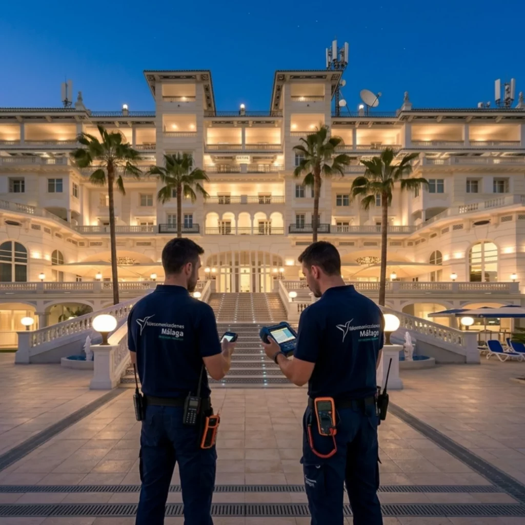 equipo de telecomunicaciones malaga trabajando en el wifi de un hotel